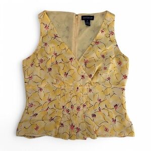 vintage y2k yellow brown & pink watercolor style floral silk tank top blouse